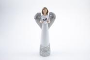 Imagem Anjo Branco Renda Prateada com Coração Resina 15 cm