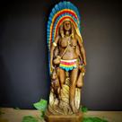 Imagem em gesso cabocla caçadora 51cm envelhecida penas coloridas