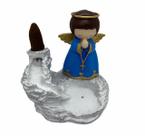Incensário cascata branca Anjo 12 cm resina azul