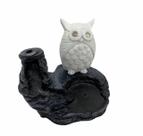 Incensário cascata Coruja preto e branco 10 cm resina