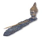 Incensário régua Buda folha azul escuro patinado 23cm resina
