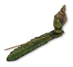 Incensário régua buda folha verde patinado 23 cm resina