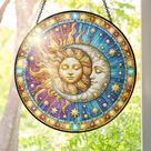 Janela com decoração de sol e lua em vitral, pendurada em 20 cm