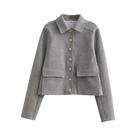 Jaqueta Aviador Feminina Preta Em Mistura De Lã, Estilo Cropped, Para Outono E Inverno