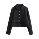 Jaqueta Aviador Feminina Preta Em Mistura De Lã, Estilo Cropped, Para Outono E Inverno