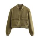 Jaqueta Bomber Feminina Com Decote Em V E Manga Longa, Casaco De Moda Em Cor Sólida Com Bolsos, Look