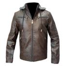Jaqueta Couro PU Masculino Forrada Pelo Capuz Moletom Casaco Jaqueta Couro PU Masculino Forrada Pelo Capuz Moletom Casaco