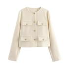 Jaqueta Cropped Vintage De Tweed Para Mulheres, Manga Longa, Elegante, Com Botões, Casaco Curto