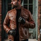 Jaqueta de Couro Marrom Estilo Moto