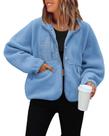 Jaqueta de lã ReachMe Cropped Sherpa Button Haze Blue para mulheres