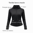 Jaqueta Feminina com Capuz e Punho com Dedeira, fitness, academia, treino, modelagem slim fit, leve e macio