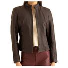 Jaqueta Feminina Javali Couro Casual Gola Padre Marrom 21104