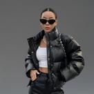 Jaqueta Feminina Puffer de Couro PU com Capuz