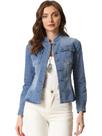 Jaqueta jeans Allegra K Casual Stand Collar Feminina Azul XXL
