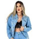 Jaqueta Jeans Feminina Azul Claro Fecho de Botão Metálico Bolsos Laterais Estilo e Conforto