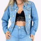 Jaqueta Jeans Feminina Clássica sem Lycra com Botões Metálicos Valoriza o Corpo Jaqueta Jeans Feminina Clássica sem Lycra com Botões Metálicos Valoriza o Corpo
