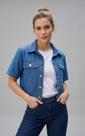Jaqueta Jeans Feminina Cropped Manga Curta Botões e bolsos Denim Colete
