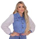 Jaqueta Jeans Feminina Cropped Manga Longa Peluciada Tendência Inverno