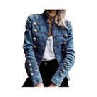 Jaqueta Jeans Feminina Vintage Com Botões, Gola Alta, Ajuste Slim, Casual Retrô, Casaco Jeans Jaqueta Jeans Feminina Vintage Com Botões, Gola Alta, Ajuste Slim, Casual Retrô, Casaco Jeans