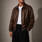 Jaqueta Masculina de Couro Vintage Oversized Poliuretano Bomber com Zíper Moda Casual Streetwear Pre