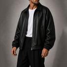 Jaqueta Masculina de Couro Vintage Oversized Poliuretano Bomber com Zíper Moda Casual Streetwear Pre