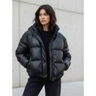 Jaqueta Puffer Couro Feminina com Capuz Casaco Térmico