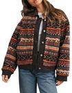 Jaqueta Sherpa Meyhad com estampa floral, gola jeans feminina Jaqueta Sherpa Meyhad com estampa floral, gola jeans feminina
