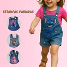 Jardineira Jeans Short Infantil Menina Estamapas Variadas dia das crianças Labubu stitch