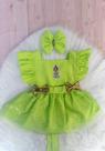 Jardineira Princesa Tiana Baby com tule gliter brilhante com laço de cabelo para festa
