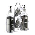 Jde 2 galheteiros e 2 porta condimento em vidro com suporte em aco inox L21,6xP7,7xA27,3cm - Dynasty