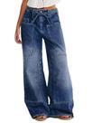 Jeans Flamingals, perna larga, cordão, cintura média, azul escuro, L