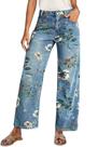 Jeans yoeasy, perna reta, cintura alta, estampa floral