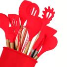 Jg 12 Pc Utensilios Silicone Vermelho Cabo Madeira C Suporte