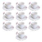 Jogo 10 Xícara de Café Porcelana Rosa e Branca Birds Pássaro com Pires 100ml Wolff