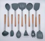 Jogo 11 Utensílios Silicone Inox Madeira PRETO Colher Concha Espátula Premium - Iddeale