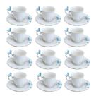 Jogo 12 Xícara de Café Porcelana Birds Azul e Branca Fio Dourado Pássaro com Pires 100ml Wolff