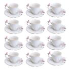 Jogo 12 Xícara de Café Porcelana Rosa e Branca Birds Pássaro com Pires 100ml Wolff