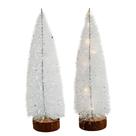 Jogo 2 Mini Pinheiro de Mesa Iluminado 30cm Branco Nevado LED Sequencial e Base Tronco Natural