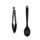Jogo 2 Peça Colher 27cm e Pinça Pegador Multiuso 29cm em Silicone Preto UnyHome.