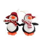 Jogo 2 Pinguins Pelúcia Decorativos Natal com Gorrinho e Cachecol 12cm x 8cm Preto Branco Vermelho