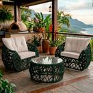 Jogo 2 Poltronas e Mesa de Centro Tampo de Vidro Aço e Corda Náutica Verde Aruá material sintético Branco