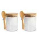 Jogo 2 Potes de Vidro Com Tampa Hermética e Colher de Bambu 400ml Açucareiro Porta Temperos