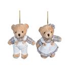 Jogo 2 Ursinhos Decorativos Natal Pelúcia Bege Casal Roupa Linho Xadrez Rústico 13cm