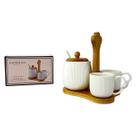 Jogo 2 Xícaras Café 90ml Açucareiro Suporte Bambu Mesa Posta