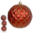 Jogo 3 Bolas Natal Arabesco Vermelho Brilho Dourado 10cm