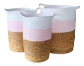 Jogo 3 Cestos Fibra Natural Organizador Planta Branco Rosa