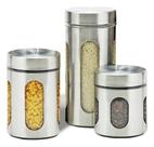 Jogo 3 Potes Mantimentos Vidro Aço Inox Visor Tampa Rosca Hermética