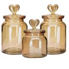 Jogo 3 Potes Vidro Âmbar Decor Afeto Coração 650ml e 1 Litro