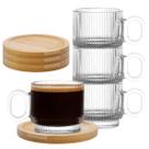 Jogo 4 Canecas Graffiato Vidro Transparente Com Pires Bambu Para Café Chá Capuccino Kit Textura Elegante Sofisticado Prático Conjunto Mesa