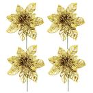 Jogo 4 Flores Pick Vazado Bico de Papagaio Glitter Dourado Natal 14cm - Magizi